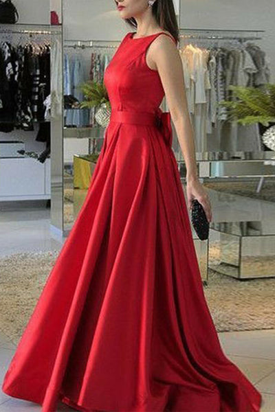 MACloth Straps O Neck Satin Maxi Prom Dress Red Formal Evening Gown with Bow