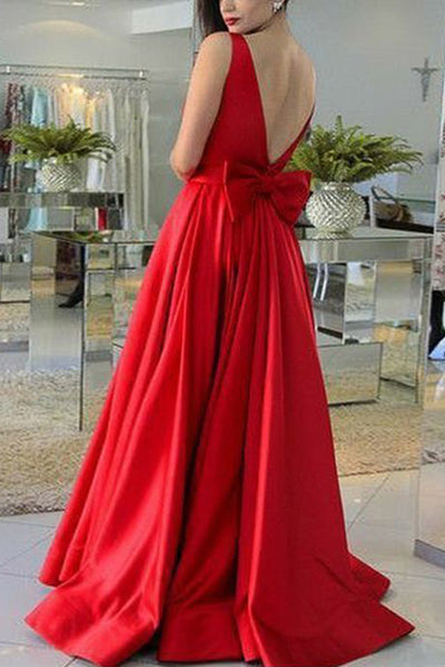 MACloth Straps O Neck Satin Maxi Prom Dress Red Formal Evening Gown with Bow