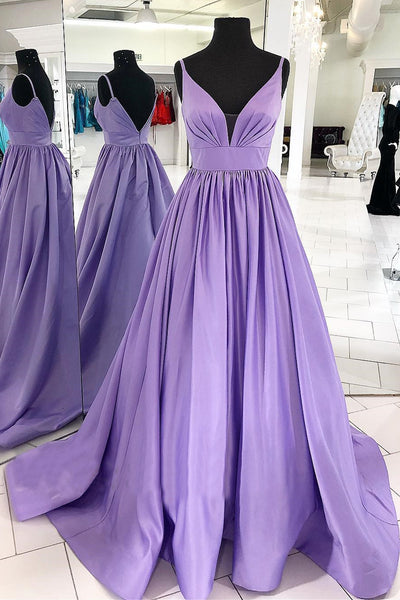 MACloth Straps V Neck Satin Maxi Prom Dress Lavender Formal Evening Gown