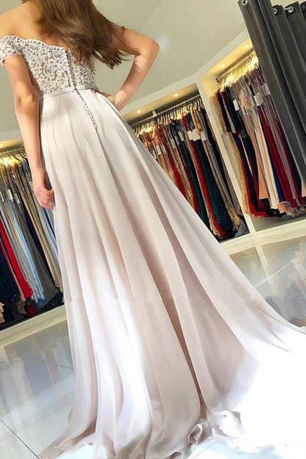 MACloth Schulterfreies Spitzen-Chiffon-Hellsilber-Ballkleid Elegantes formelles Abendkleid