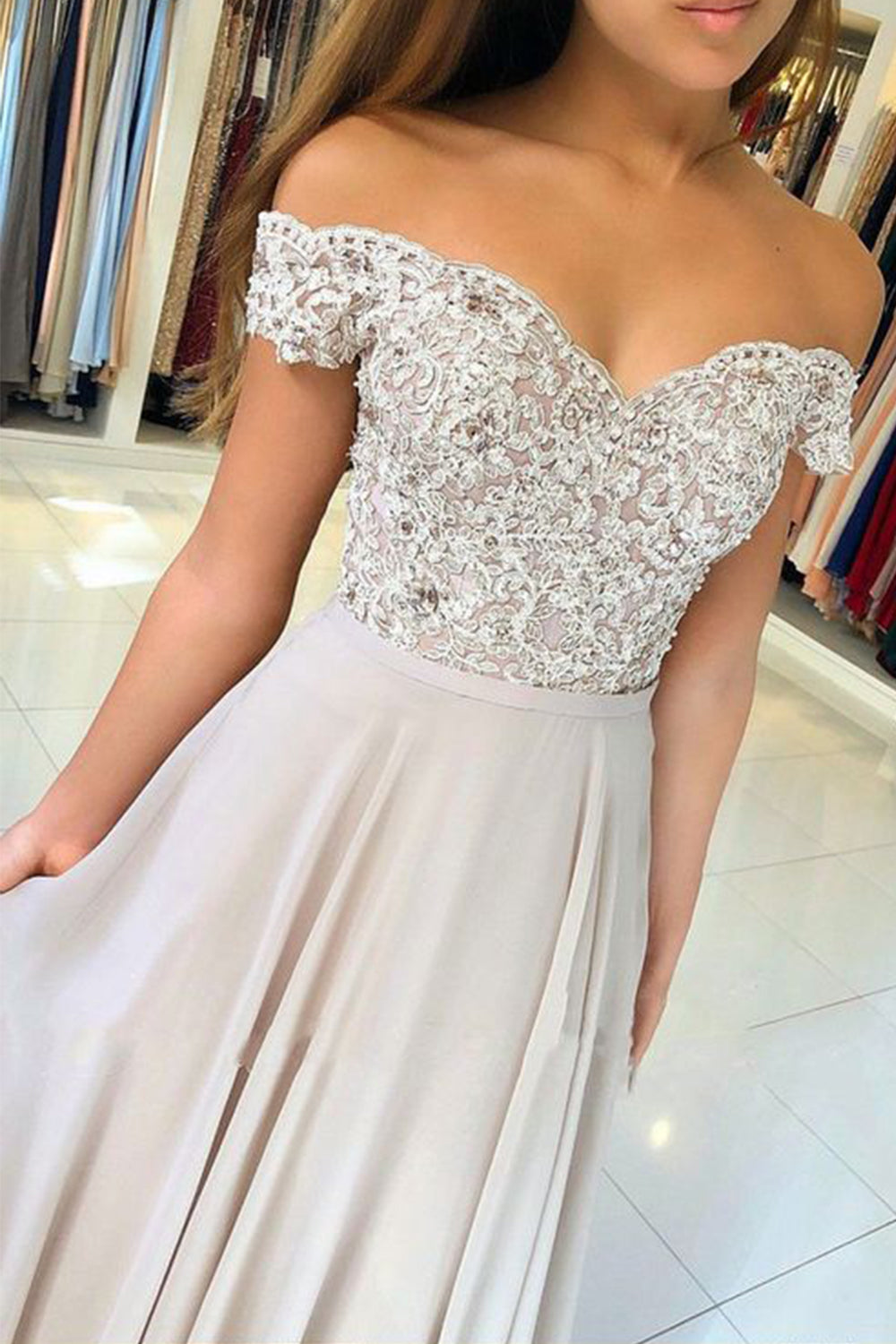 MACloth Off the Shoulder Lace Chiffon Light Silver Prom Dress Elegant Formal Evening Gown Custom Color / Tea Length / US14