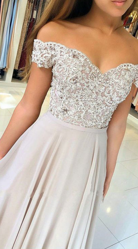 MACloth Off the Shoulder Lace Chiffon Light Silver Prom Dress Elegant Formal Evening Gown
