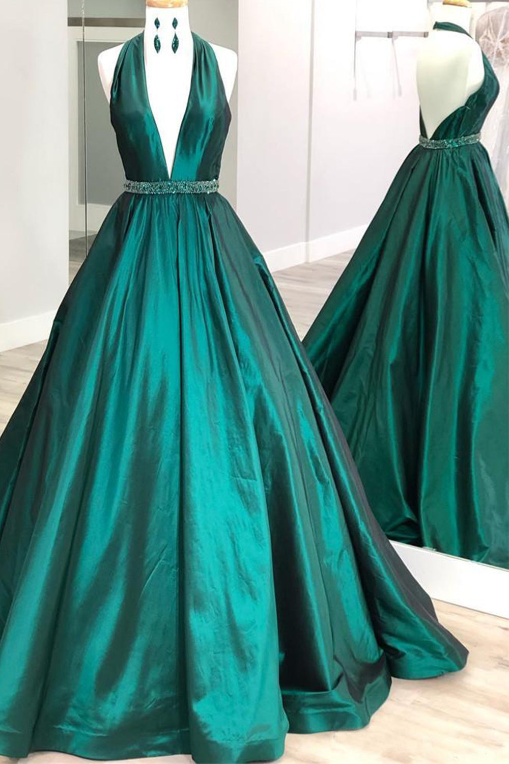 MACloth Neckholder V-Ausschnitt Satin Langes Ballkleid Dunkelgrün Formales Abendkleid