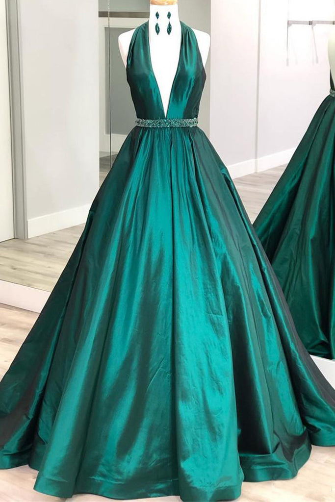 MACloth Halter V Neck Satin Long Prom Dress Dark Green Formal Evening Gown