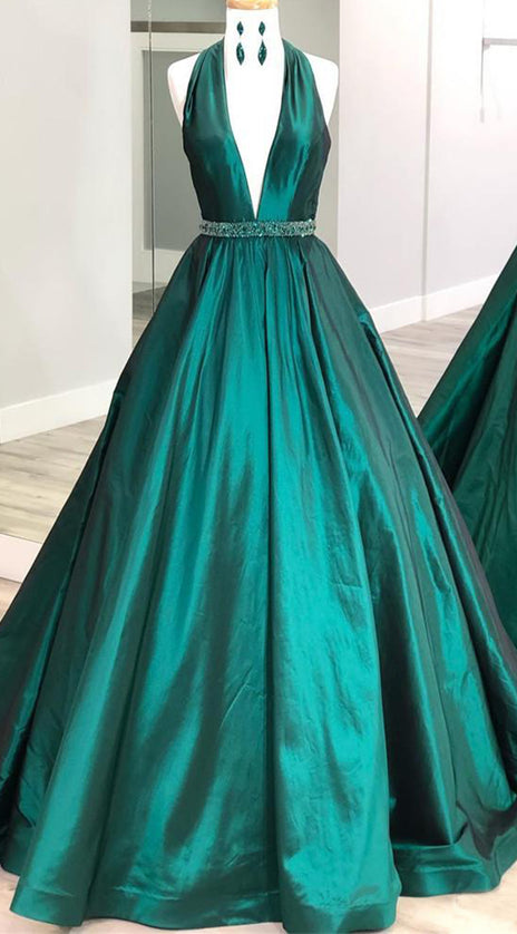 MACloth Halter V Neck Satin Long Prom Dress Dark Green Formal Evening Gown