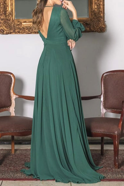 MACloth Long Sleeves V Neck Chiffon Evening Gown Dark Green Formal Dress