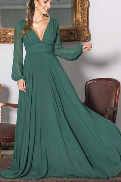 MACloth Long Sleeves V Neck Chiffon Evening Gown Dark Green Formal Dress