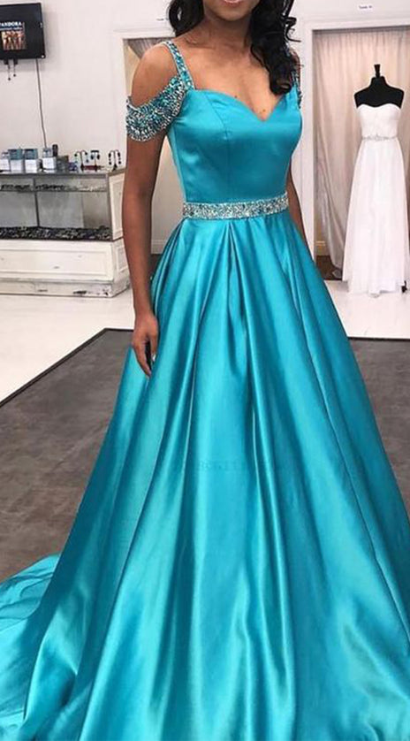 MACloth Straps V Neck Off the Shoulder with Beaded Long Prom Dress Blue Formal Evening Gown