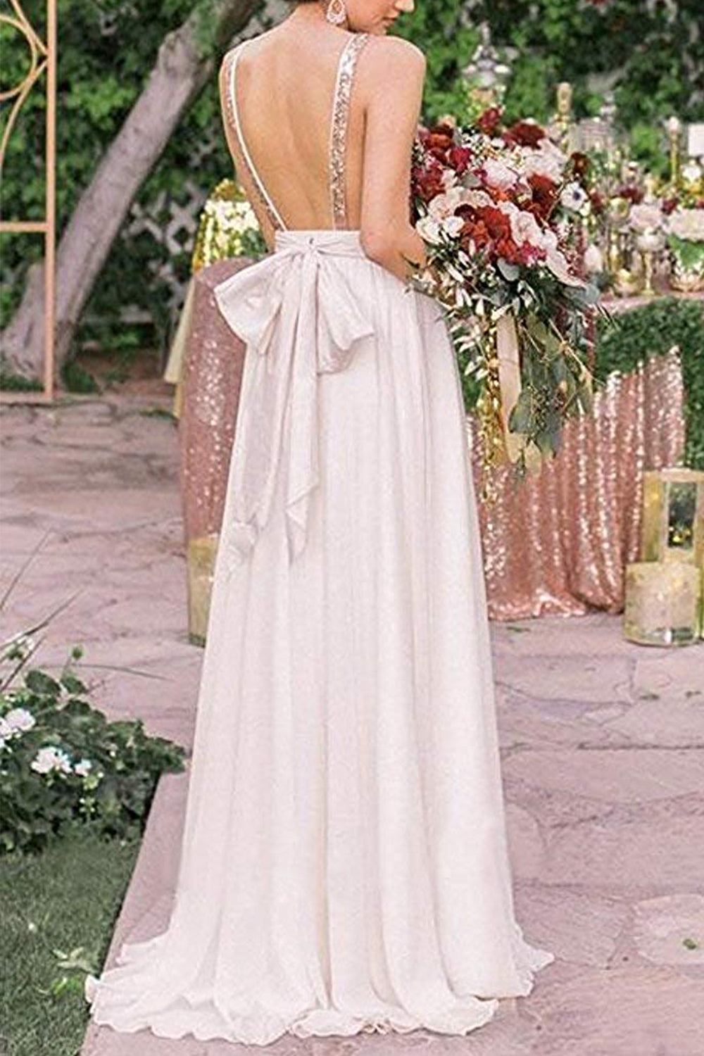 MACloth Träger V-Ausschnitt Pailletten Chiffon Langes Ballkleid Elfenbeinfarbenes formelles Abendkleid