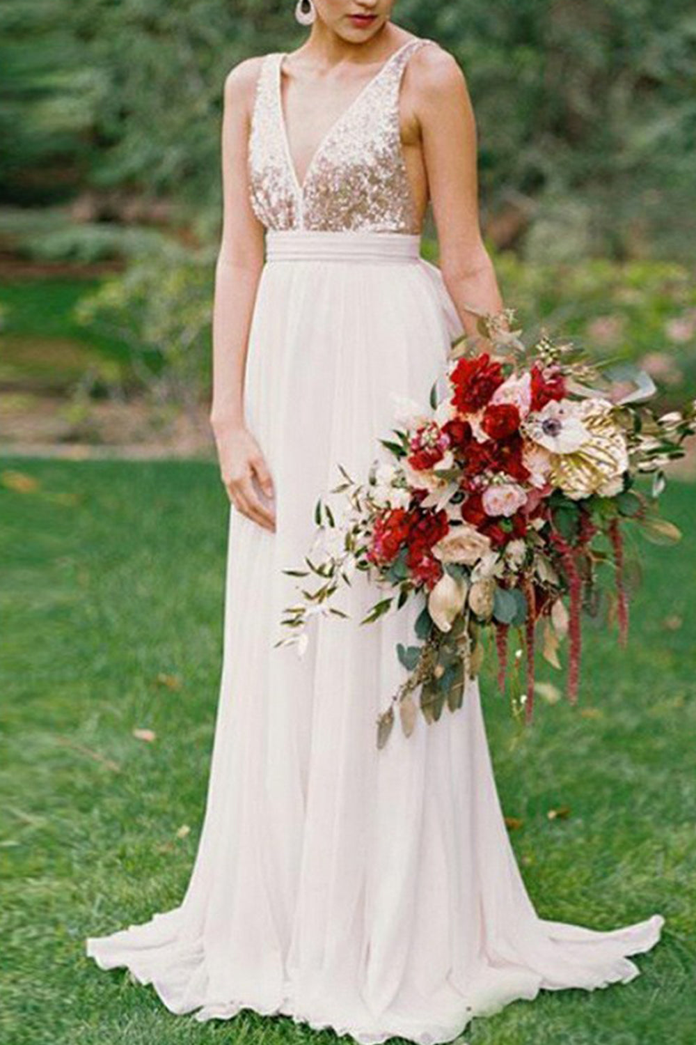 MACloth Träger V-Ausschnitt Pailletten Chiffon Langes Ballkleid Elfenbeinfarbenes formelles Abendkleid