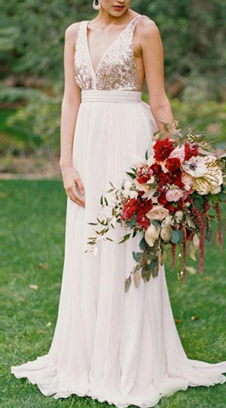 MACloth Straps V Neck Sequin Chiffon Long Prom Dress Ivory Formal Evening Gown