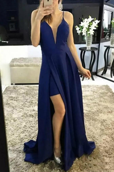 MACloth Straps V Neck High Low Satin Burgundy Prom Dress Dark Navy Formal Evening Gown