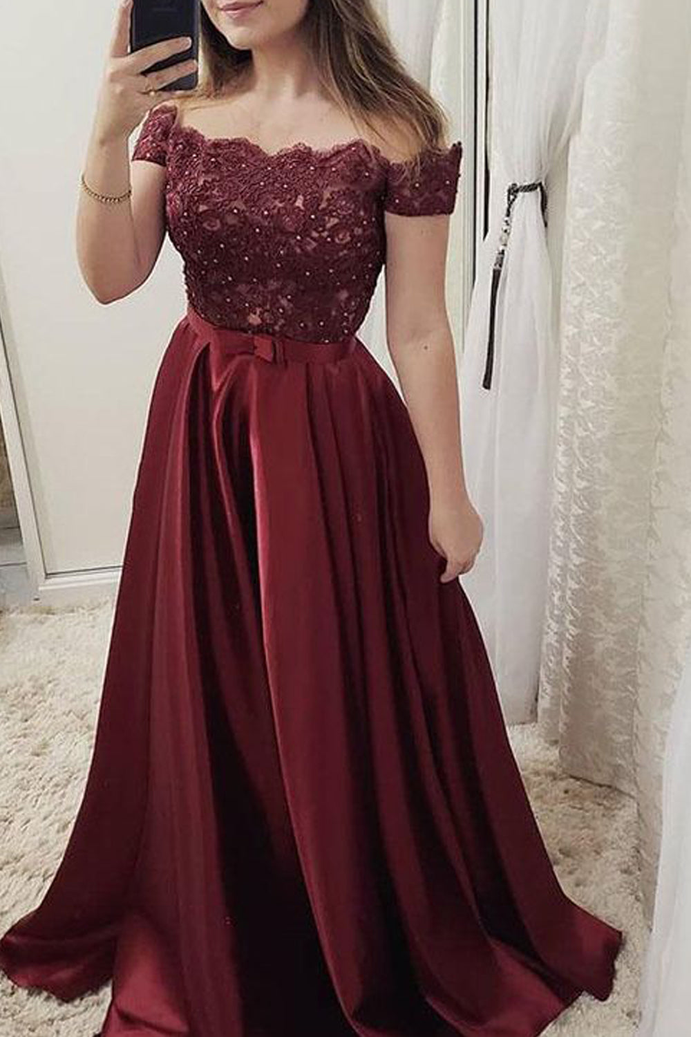 MACloth Off the Shoulder Lace Satin Burgundy Prom Dress Dusty Rose Formal Evening Gown Burgundy / Above Knee / US4