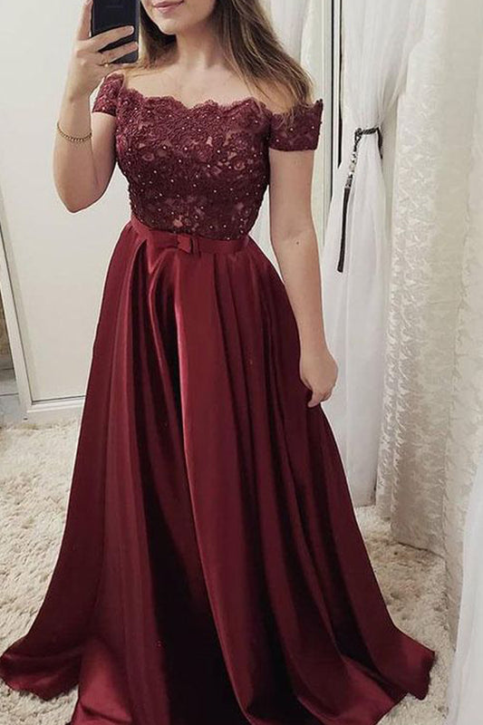 MACloth Off the Shoulder Lace Satin Burgundy Prom Dress Dusty Rose Formal Evening Gown