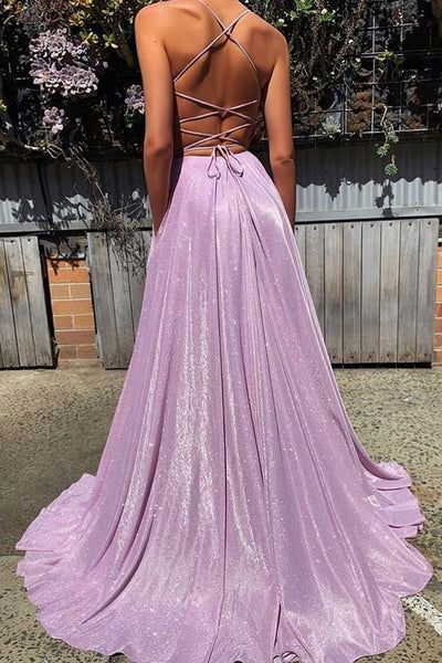 MACloth Straps V Neck Lavender Long Prom Dress Formal Evening Gown