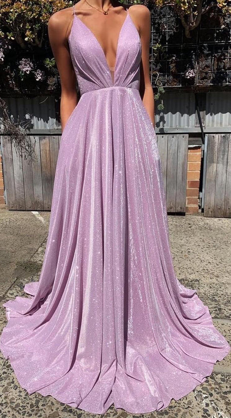 MACloth Straps V Neck Lavender Long Prom Dress Formal Evening Gown