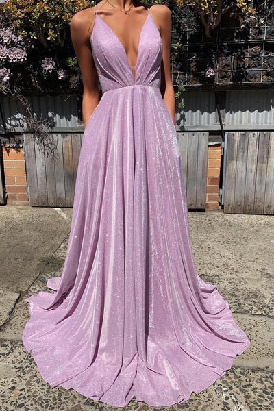 MACloth Straps V Neck Lavender Long Prom Dress Formal Evening Gown