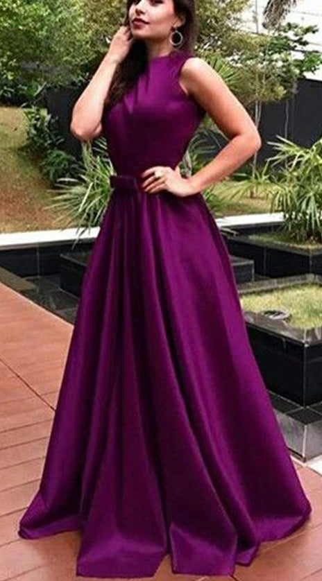 MACloth Straps A Line Satin Long Prom Dress Eggplant Formal Evening Gown with Open Back