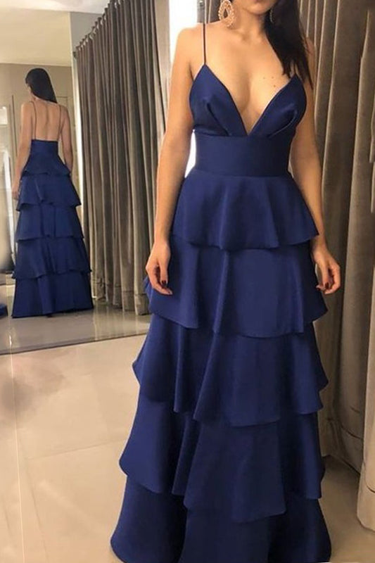 Vestido de fiesta largo con escote en V y tirantes finos de MACloth, vestido de noche formal azul marino oscuro