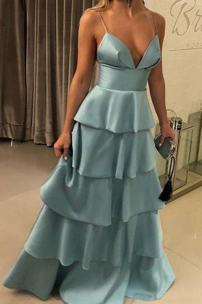 MACloth Spaghetti Straps V Neck Tiered Long Prom Dress Dark Navy Formal Evening Gown