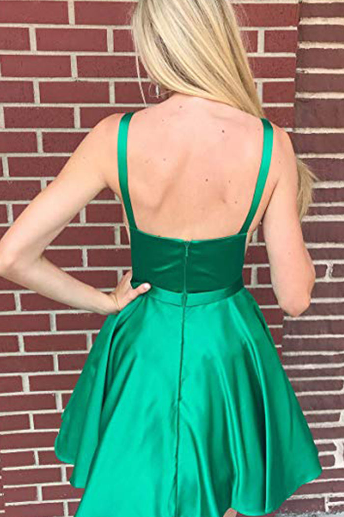 MACloth Träger Illusion V-Ausschnitt Satin Mini Ballkleid Homecoming Kleid Grünes Cocktailkleid