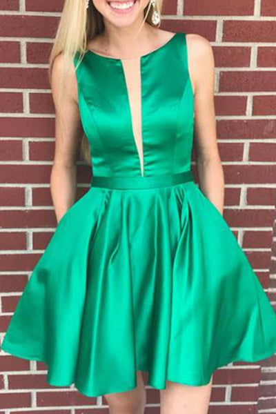 MACloth Straps Illusion V Neck Satin Mini Prom Homecoming Dress Green Cocktail Dress