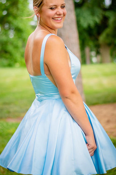 MACloth Straps Illusion V Neck Satin Mini Prom Homecoming Dress Green Cocktail Dress