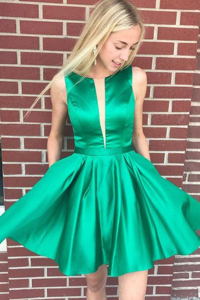 MACloth Straps Illusion V Neck Satin Mini Prom Homecoming Dress Green Cocktail Dress