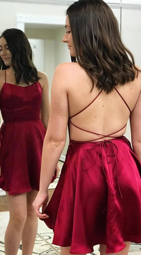 MACloth Spaghetti Straps Scoop Neck Mini Prom Homecoming Dress Burgundy Cocktail Dress