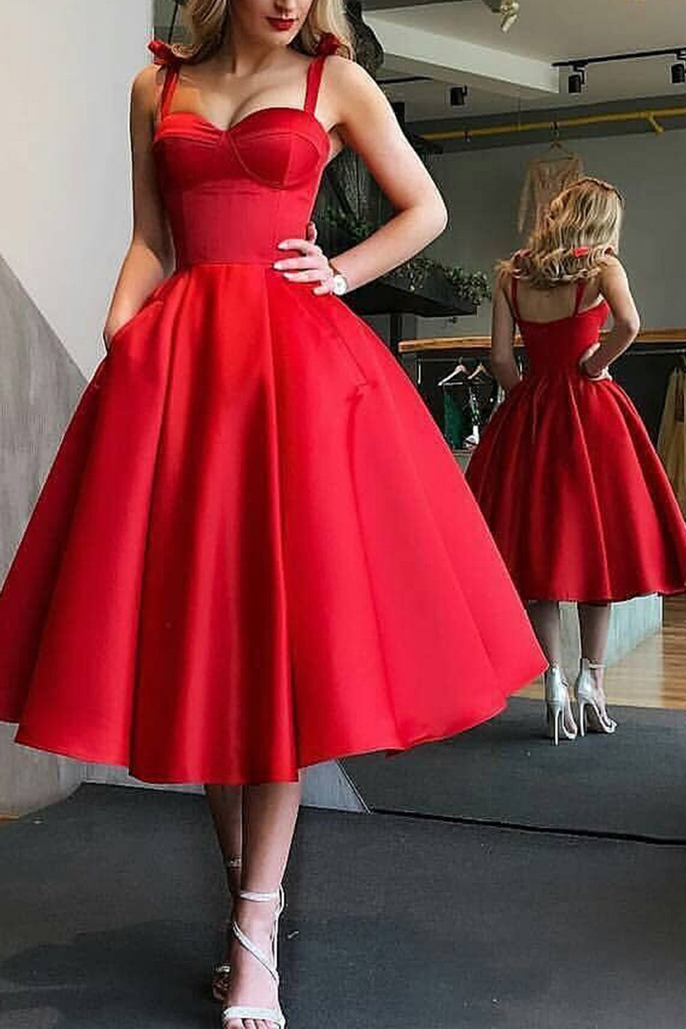 MACloth Straps Sweetheart Midi Prom Homecoming Dress Red Formal Evening Gown