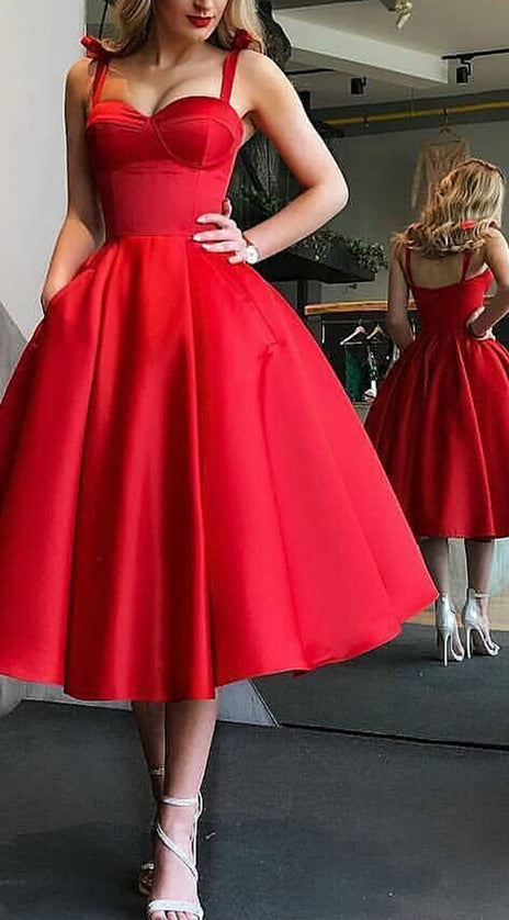MACloth Straps Sweetheart Midi Prom Homecoming Dress Red Formal Evening Gown