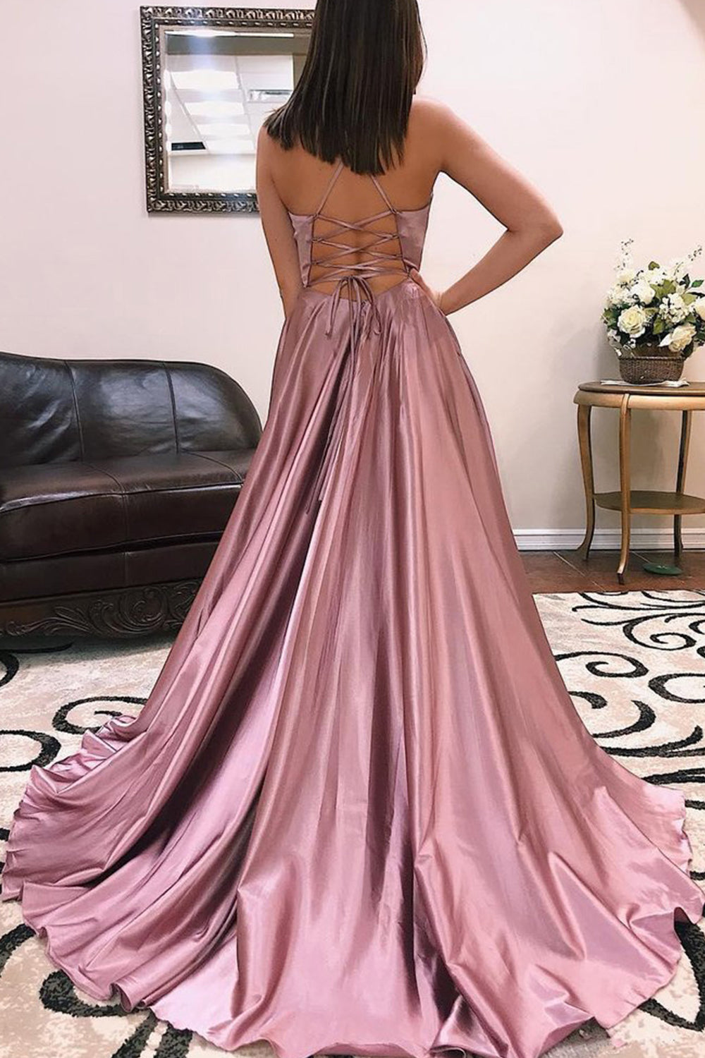 MACloth Straps V Neck Dusty Rose Long Prom Dress Satin Chiffon Formal MACloth Straps V Neck Dusty Rose Long Prom Dress Satin Chiffon Formal