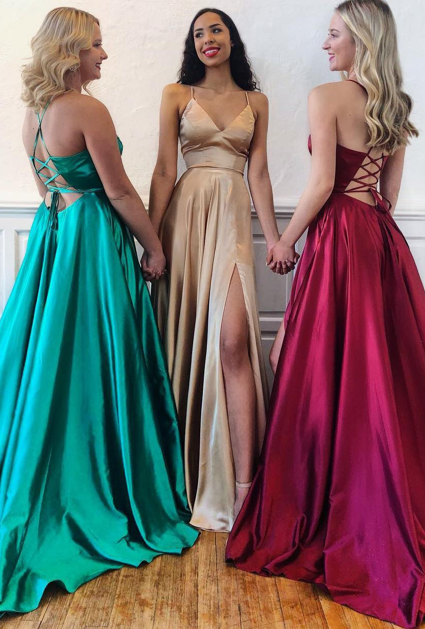 MACloth Träger V-Ausschnitt Dusty Rose Langes Ballkleid Satin Chiffon Abendkleid