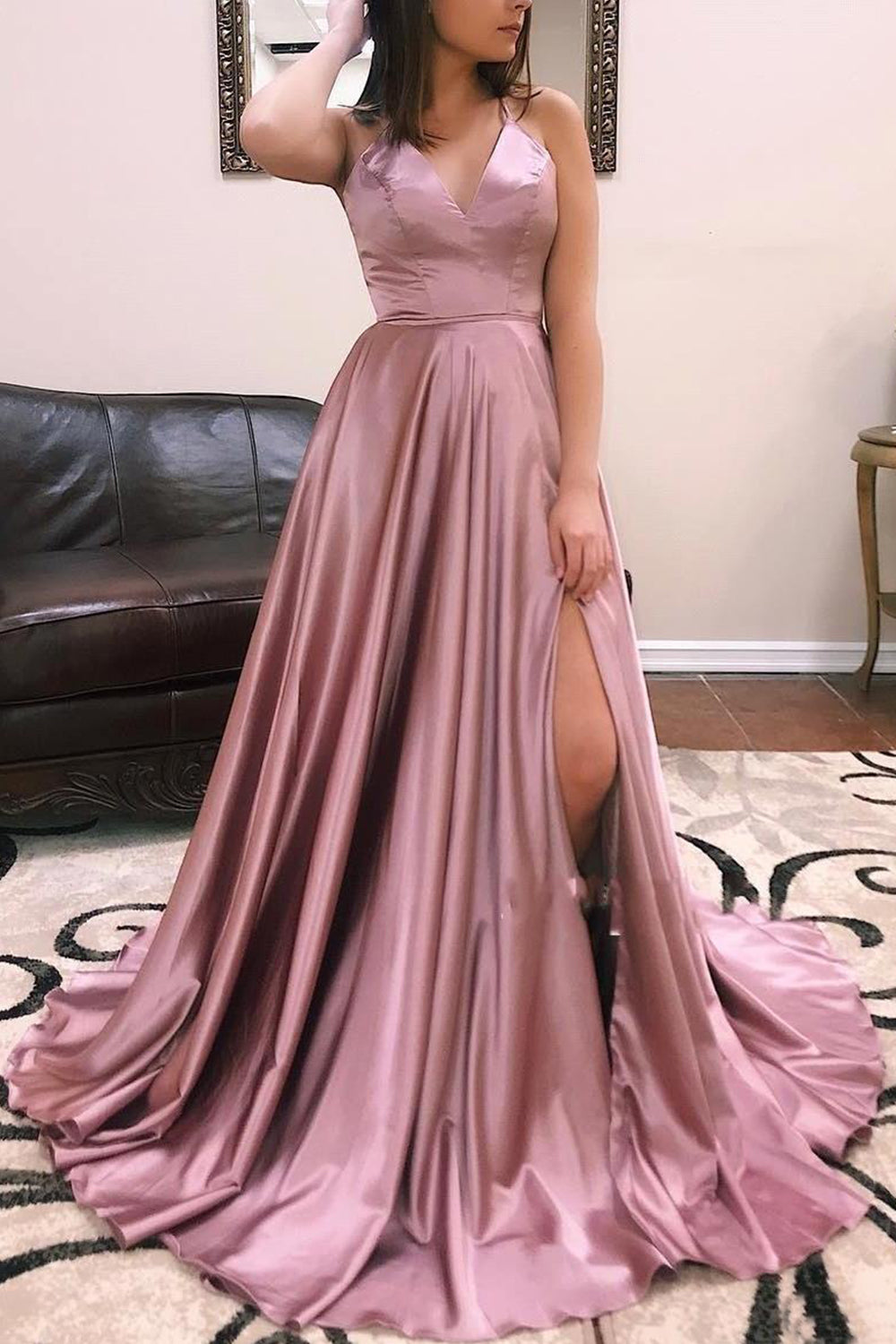 MACloth Straps V Neck Dusty Rose Long Prom Dress Satin Chiffon Formal Evening Gown US22W / Dusty Rose