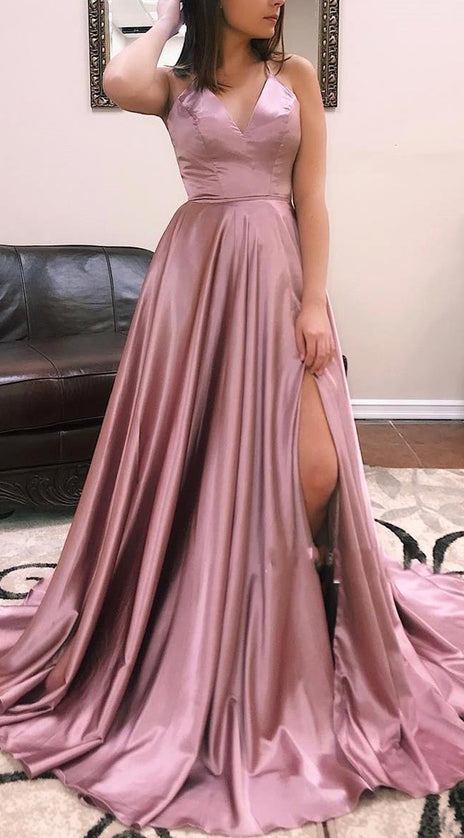 MACloth Straps V Neck Dusty Rose Long Prom Dress Satin Chiffon Formal Evening Gown