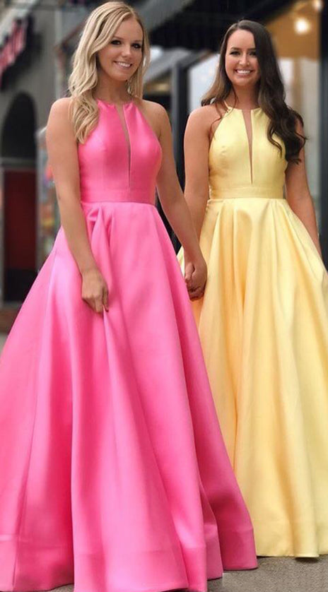 MACloth Halter Illusion V Neck Long Prom Dress Yellow Formal Evening Gown