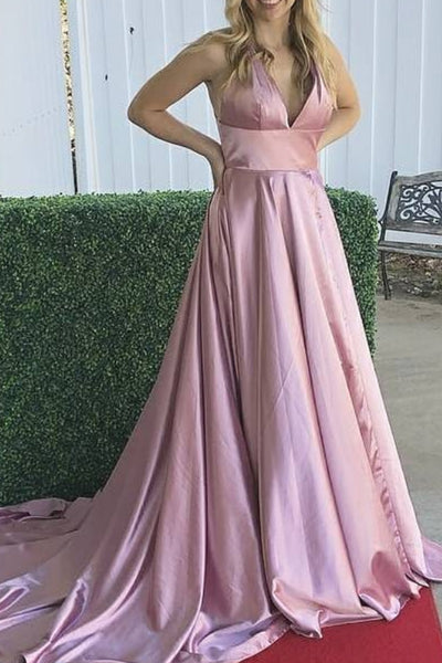 MACloth Straps V Neck Sky Blue Prom Dress with Slit Open Back Formal Evening Gown