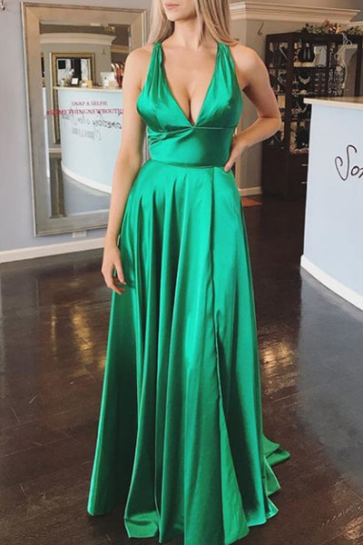 MACloth Straps V Neck Sky Blue Prom Dress with Slit Open Back Formal Evening Gown