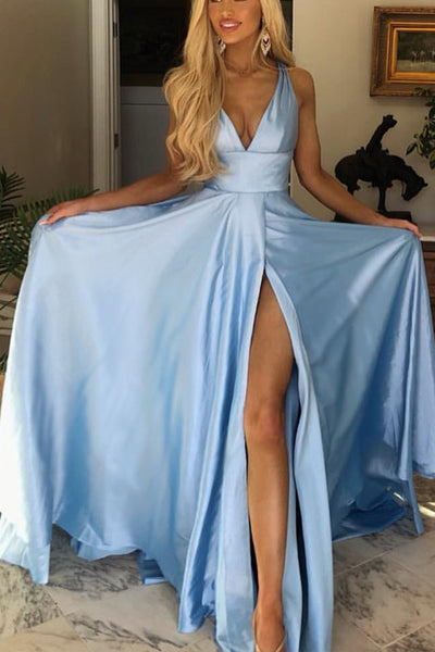 MACloth Straps V Neck Sky Blue Prom Dress with Slit Open Back Formal Evening Gown