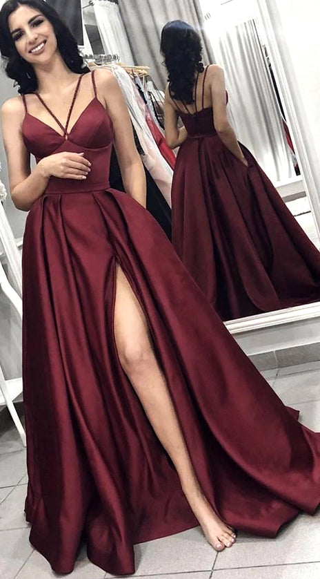 MACloth Straps V Neck Satin Long Prom Dress with Slit Burgundy Formal Evening Gown
