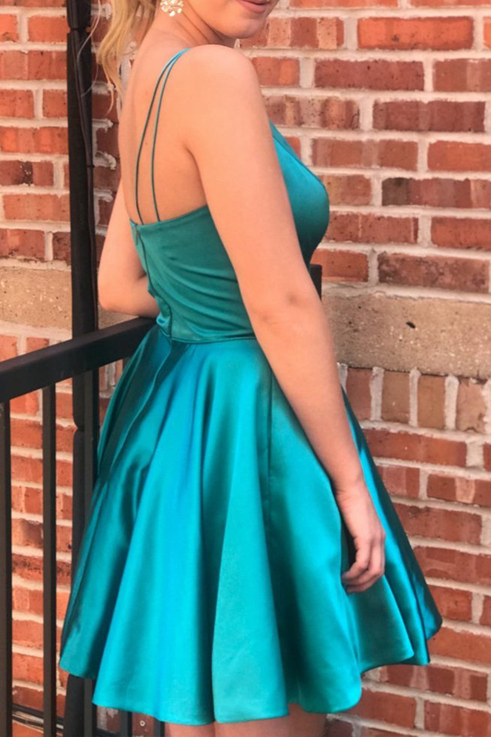 MACloth Straps V Neck Satin Mini Prom Homecoming Dress Sky Blue Cocktail Party Dress