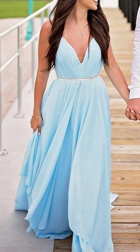 MACloth Straps V Neck Chiffon Long Prom Dress Sky Blue Formal Evening Gown