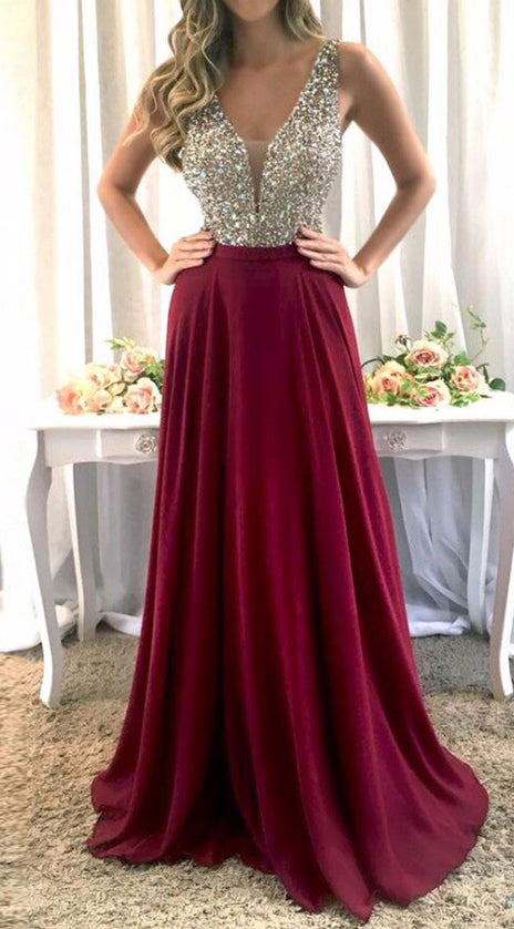 MACloth Straps V Neck Crystals Chiffon Prom Dress Burgundy Formal Evening Gown