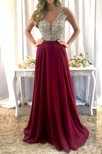 MACloth Straps V Neck Crystals Chiffon Prom Dress Burgundy Formal Evening Gown