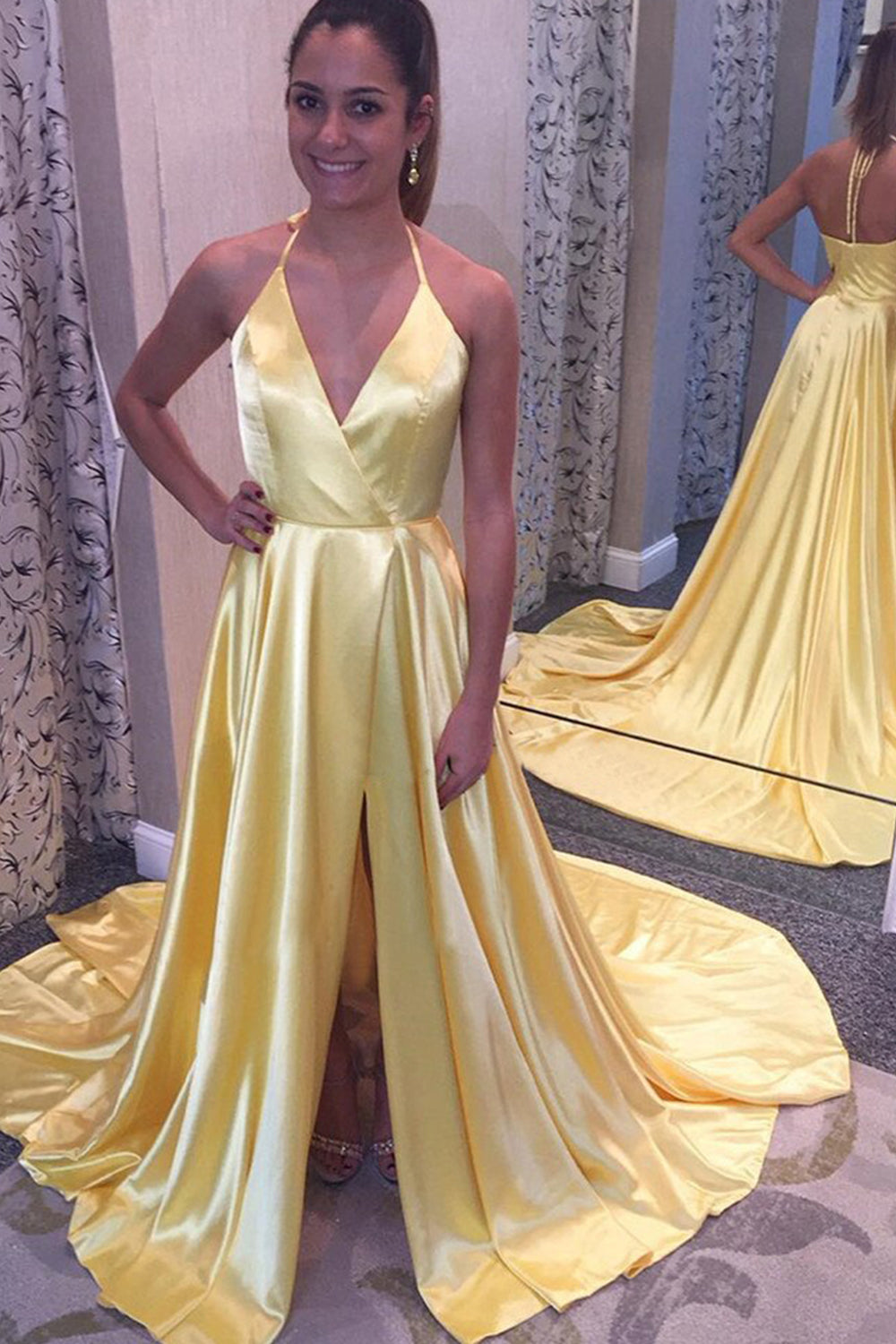 MACloth Halter V Neck Satin Long Prom Dress Royal Blue / Yellow Formal Evening Gown Yellow / Above Knee / US2 MACloth Halter V Neck Satin Long Prom Dress Royal Blue / Yellow Formal Evening Gown Yellow / Above Knee / US2