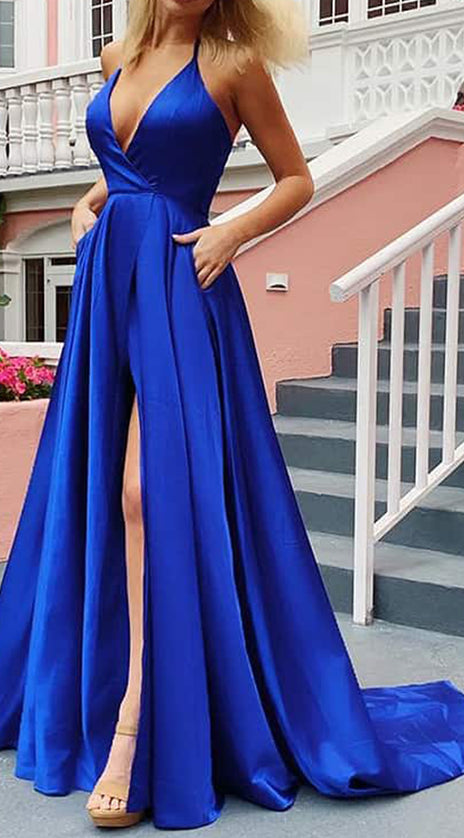 MACloth Halter V Neck Satin Long Prom Dress Royal Blue / Yellow Formal Evening Gown