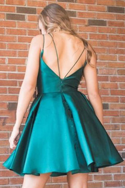 MACloth Straps V Neck Satin Mini Prom Homecoming Dress Dark Green Cocktail Party Dress