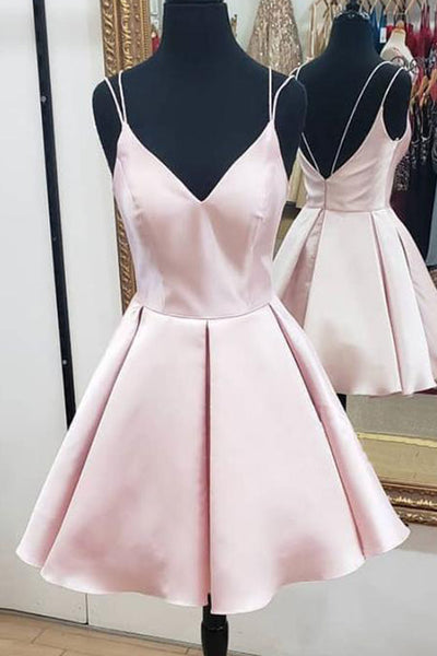 MACloth Straps V Neck Satin Mini Prom Homecoming Dress Dark Green Cocktail Party Dress