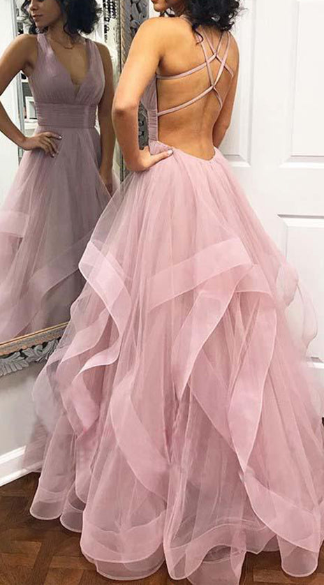 MACloth Straps V Neck Tulle Long Prom Dress Dusty Pink Formal Evening Gown