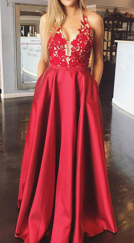 MACloth Halter V Neck Lace Satin Long Prom Dress Red Formal Evening Gown